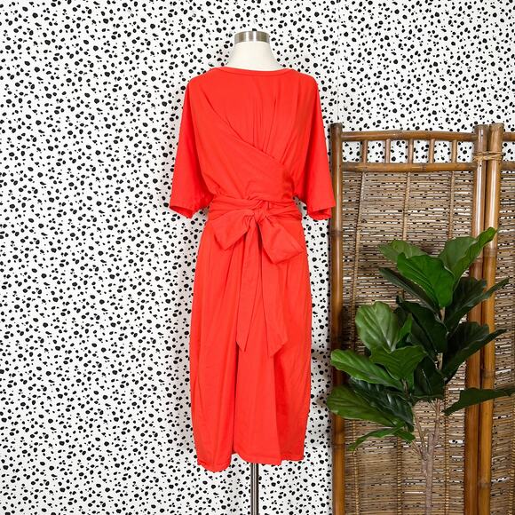 Eloquii | Bold Orange Plus Size Tie Waist short Sleeve Midi Dress 20 - Picture 2 of 12